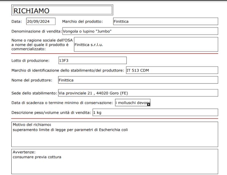 richiamo alimentare vongole: motivo