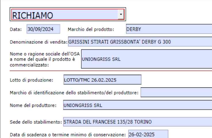 riconsegna grissini richiamo